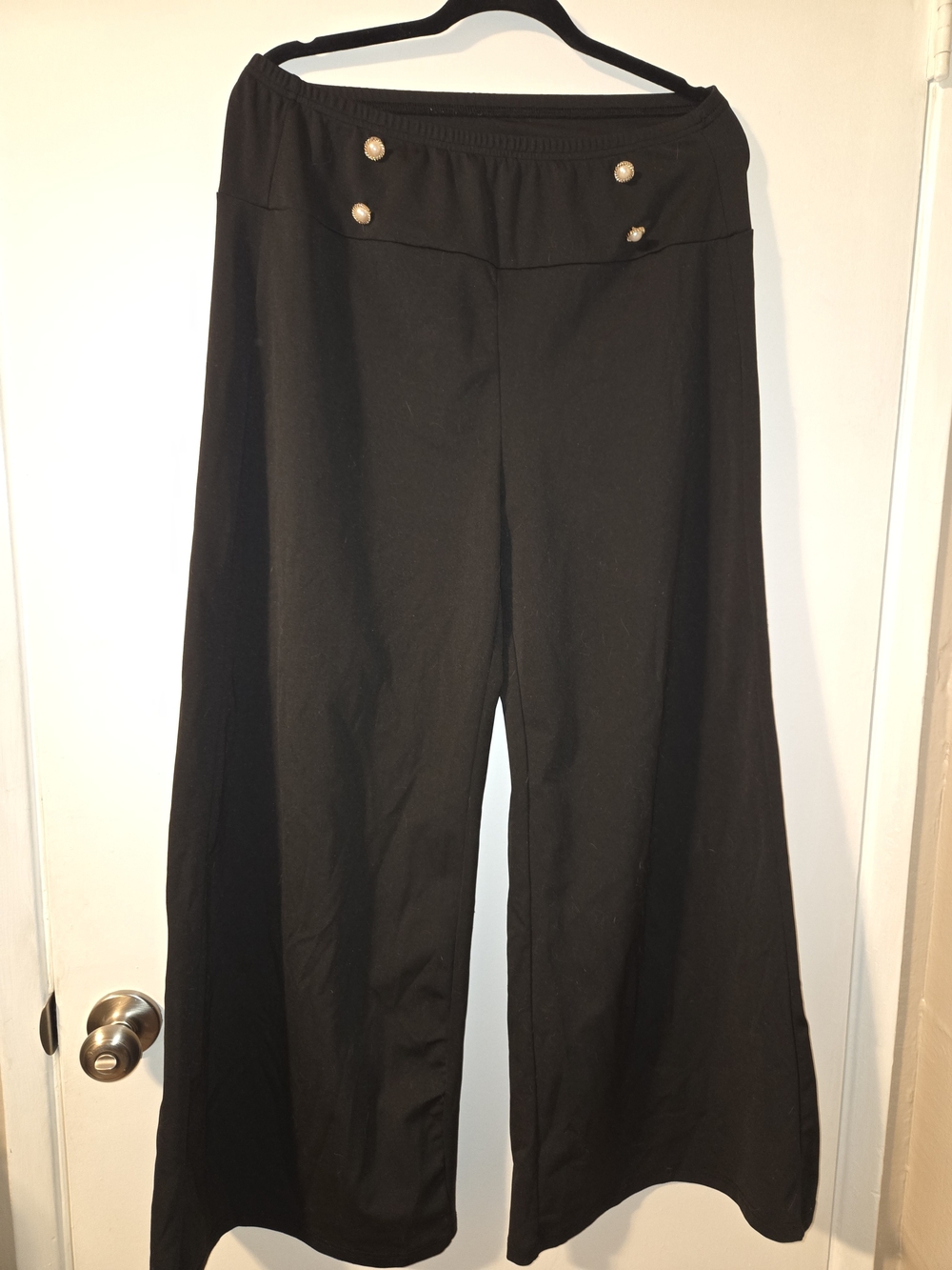 Black Wide-Leg Pull-On Pants with Button Detail
